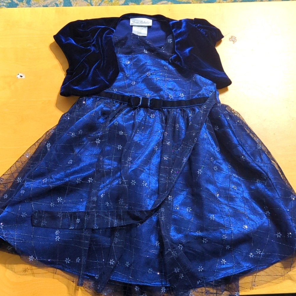Shiny dark blue dress with matching shrug